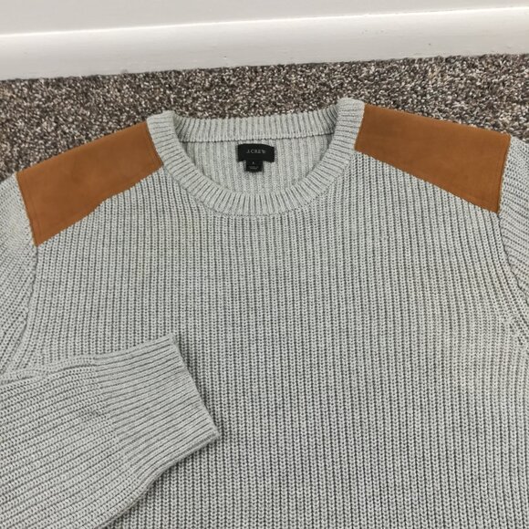 J Crew Sweater Ribbed Cotton Military Leather Shoulder Patches Gray Mens Large - Picture 2 of 11